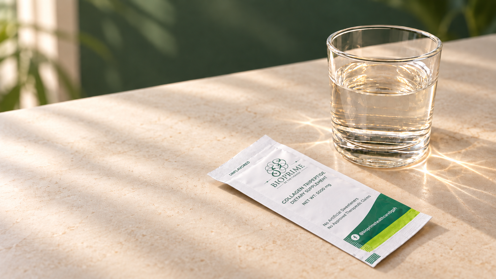A BioPrime sachet beside a glass in soft morning light